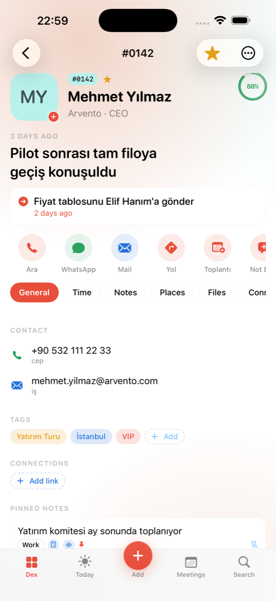 GogoDex kişi detayı: iletişim, etiketler ve notlar